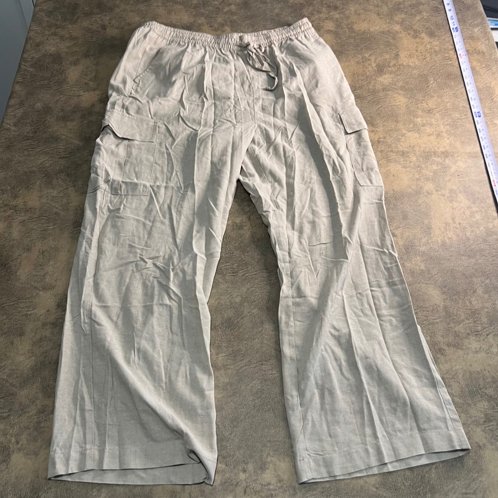 Serra Cargo Pants Womens L Tan Linen Blend Elastic Waist Drawstring Wide Leg